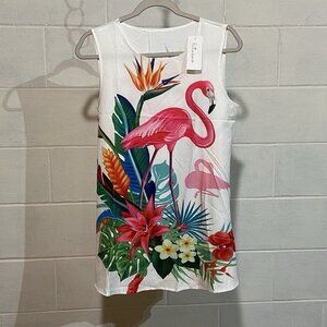 futurino Women's Casual Sleeveless Shirt dress Medium White‎ Flamingos NWT